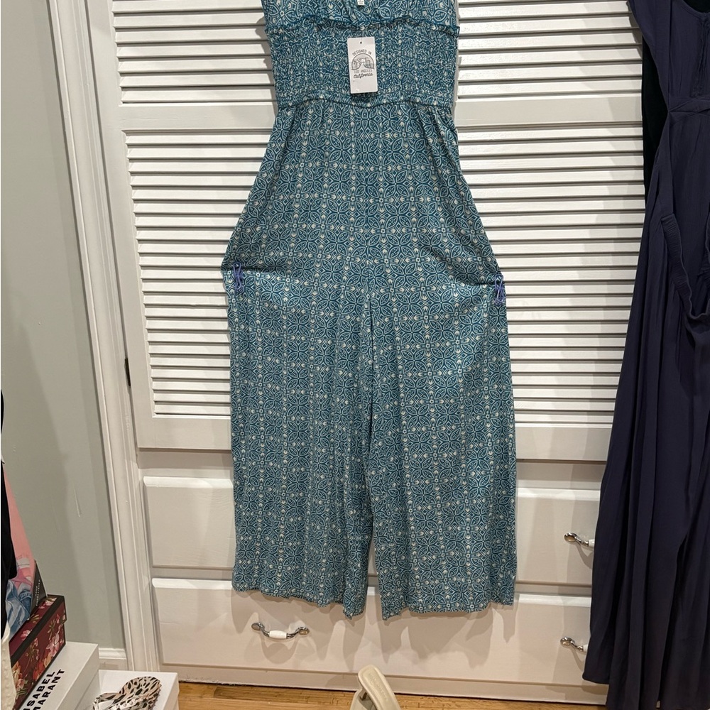 Teal Printed Strapless Smocked Jumpsuit - Unknown Brand